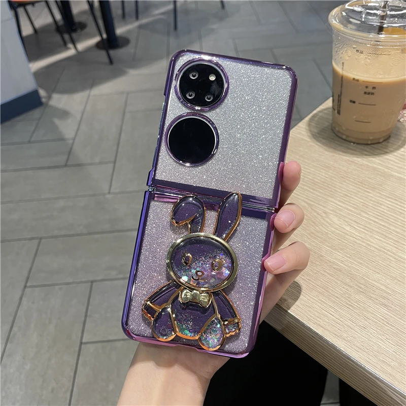 华为p50pocket手机壳折叠轻奢电镀透明幻影闪粉支架流沙兔Pockets