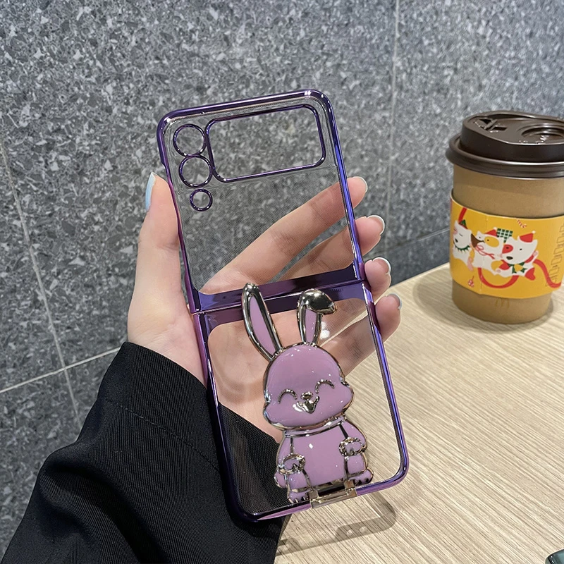 创勒三星zflip3手机壳电镀透明兔子支架w23flip外壳ZFlip4保护壳