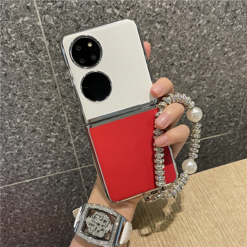适用华为P50pocket手机壳拼色电镀素皮套PocketS折叠高端pocket2