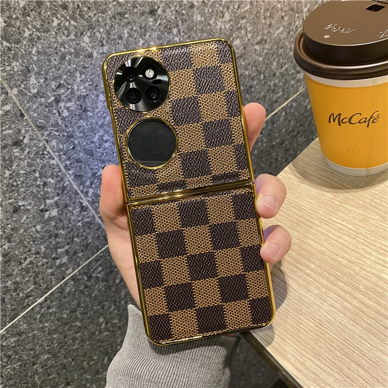 适用于华为p50pocket手机壳高端电镀皮套POCKETS保护壳全包编织纹