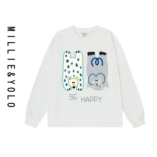 【倒立象】纯棉直喷轻奢宽松长袖百搭休闲圆领女生上衣