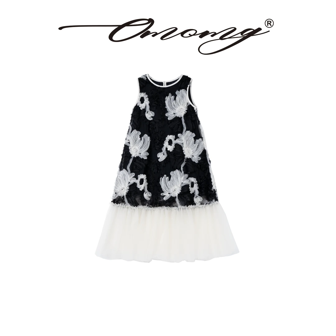 OMOMG女童无袖连衣裙气质时尚拼接设计师款小香风绣花黑色G4X703