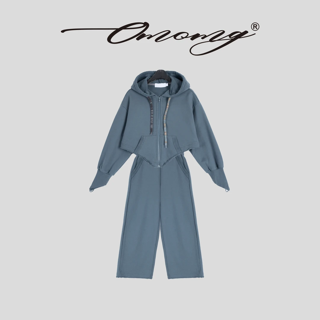 OMOMG25女童春秋运动套装时尚休闲连帽宽松百搭阔腿抽绳G5C005