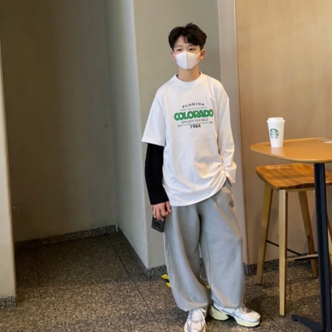 男童长袖t恤春秋款童装亲子装儿童假两件宽松大版白色休闲打底衫