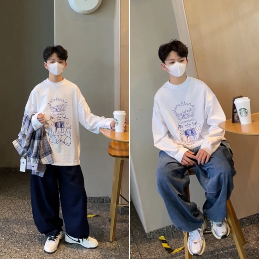 男童t恤长袖2025新款纯棉童装亲子装儿童白色宽松打底衫男孩秋装