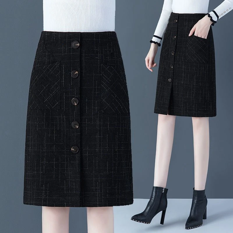 秋冬中长裙毛呢半身裙秋季新款大码女装高腰冬裙开叉包臀裙裙子