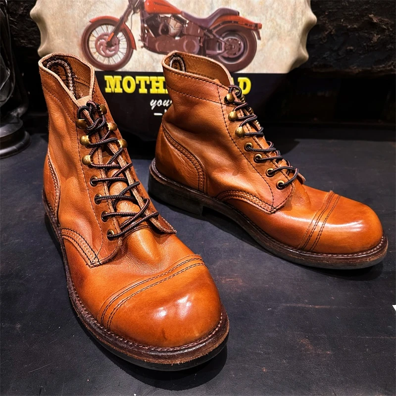 8111棕色英伦风水洗头层牛皮工装马丁靴男鞋软皮机车靴女真皮