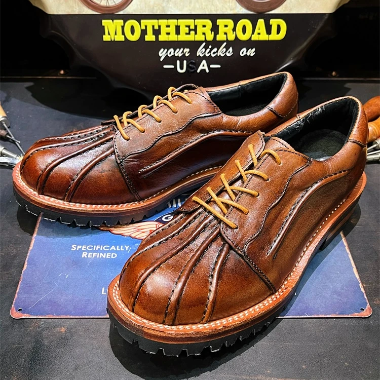 GL034阿美咔叽美式复古圆头工装皮鞋真皮贝壳头层牛皮男鞋休闲潮