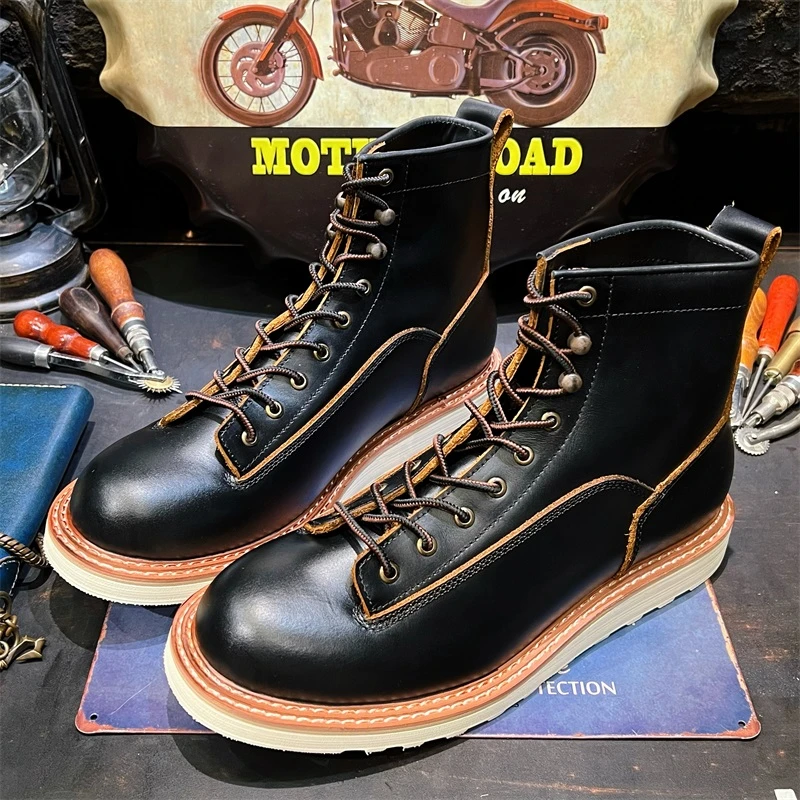 2904复古厚底工装马丁靴圆头层牛皮短脸靴子男真皮高帮机车鞋潮流