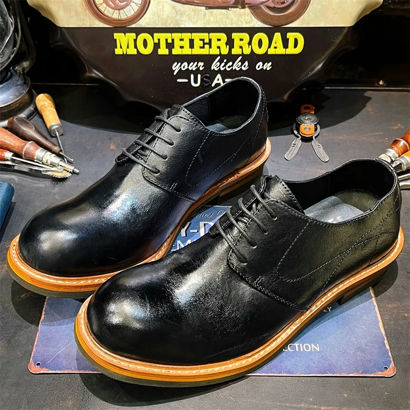 8016复古英伦真皮休闲做旧翘头工装鞋低帮大头层牛皮德比皮鞋男潮