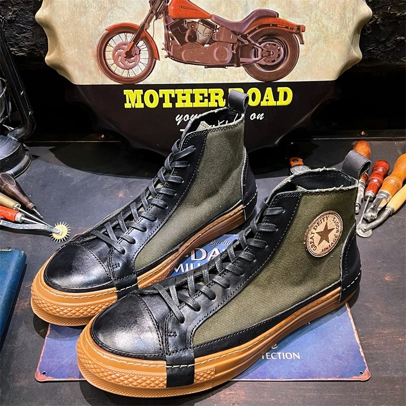 SH011阿美咔叽美式复古高帮工装机车骑行靴男真皮帆布马丁靴板鞋