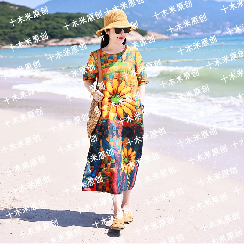 太阳花/十木米原创设计夏季新款亚麻印花文艺旅行油画风连衣裙