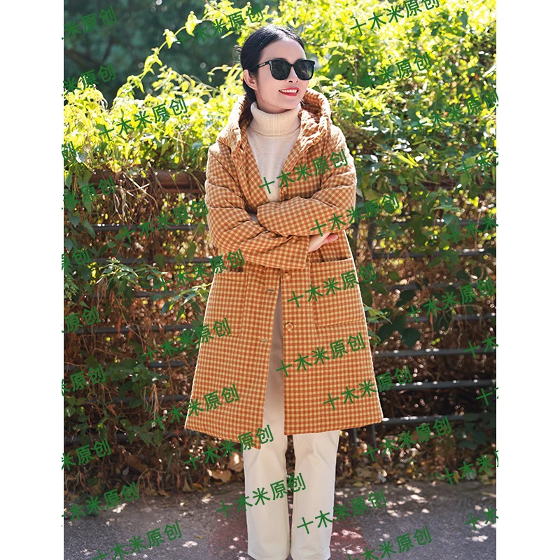逆时针/十木米原创冬季新款全棉色织格子文艺百搭棉服连帽外套