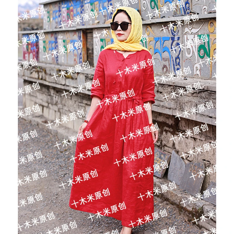 红秀/ 十木米原创夏季新款亚麻旅行文艺复古红色长款连衣裙