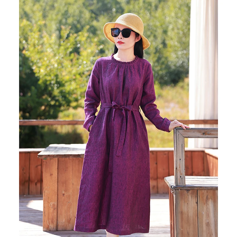 紫空/十木米原创春季新品色织亚麻文艺旅行连衣裙