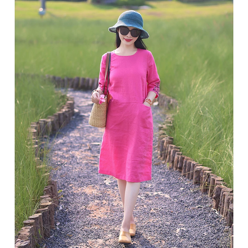 楚音/十木米原创夏新款亚麻绣花文艺小个子中长款连衣裙