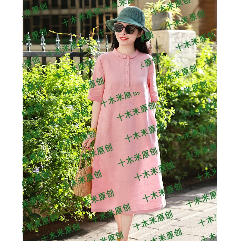 桃书/十木米原创夏季新款亚麻文艺清新减龄显瘦连衣裙