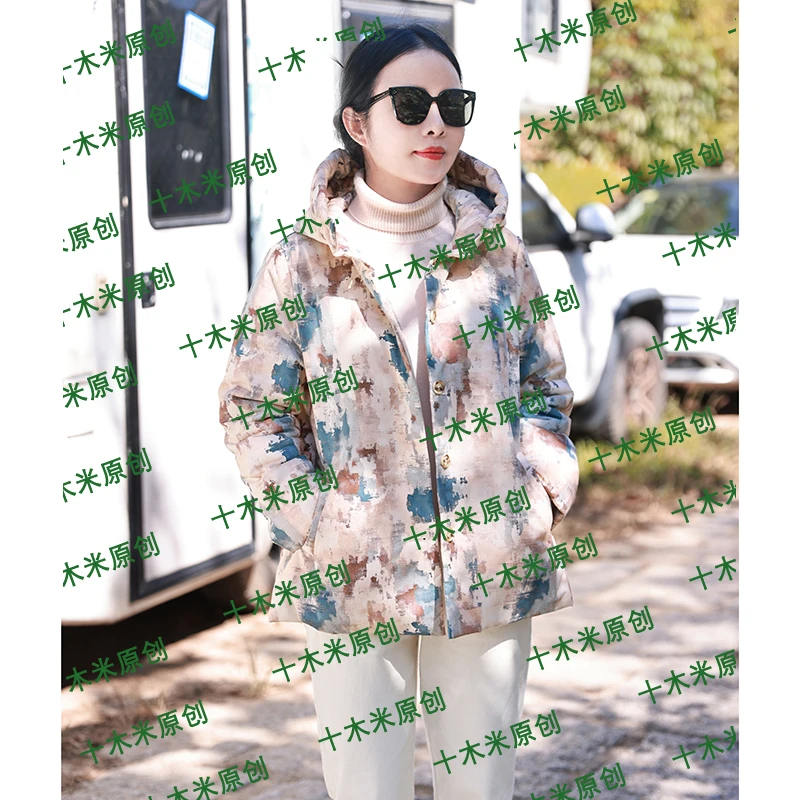 彩陶/十木米原创冬季新款全棉印花文艺休闲百搭连帽棉服短外套女
