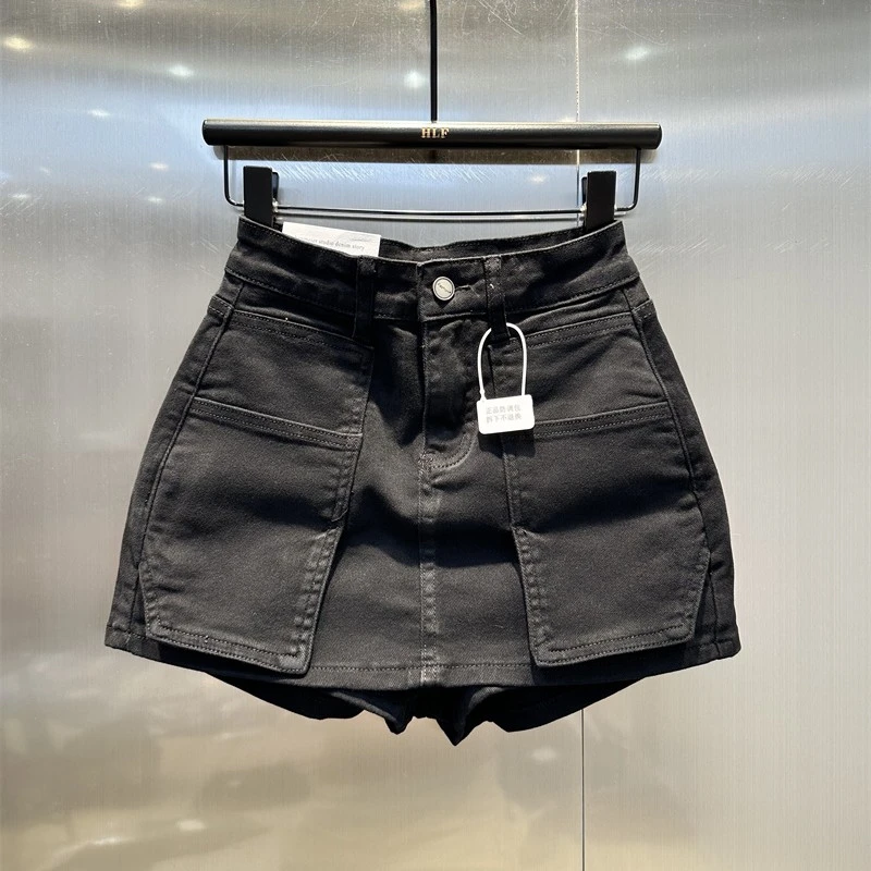欧货黑色大口袋工装牛仔半身裙2025年秋季新款高腰辣妹a字短裤裙