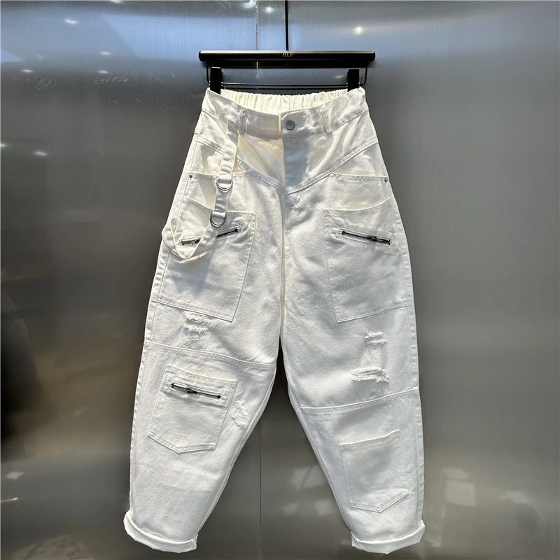 白色牛仔工装裤2024夏季新品欧货高腰大版型遮肉九分老爹裤垮裤女