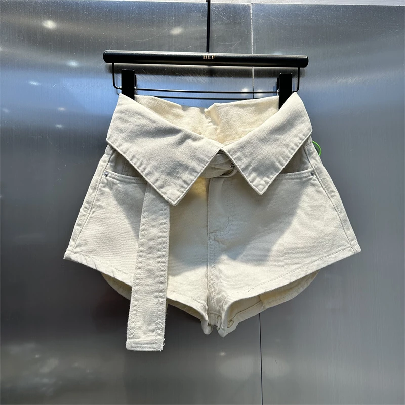 韩版2025夏新款日光杏色辣妹阔腿热裤高腰翻边外露口袋牛仔短裤女