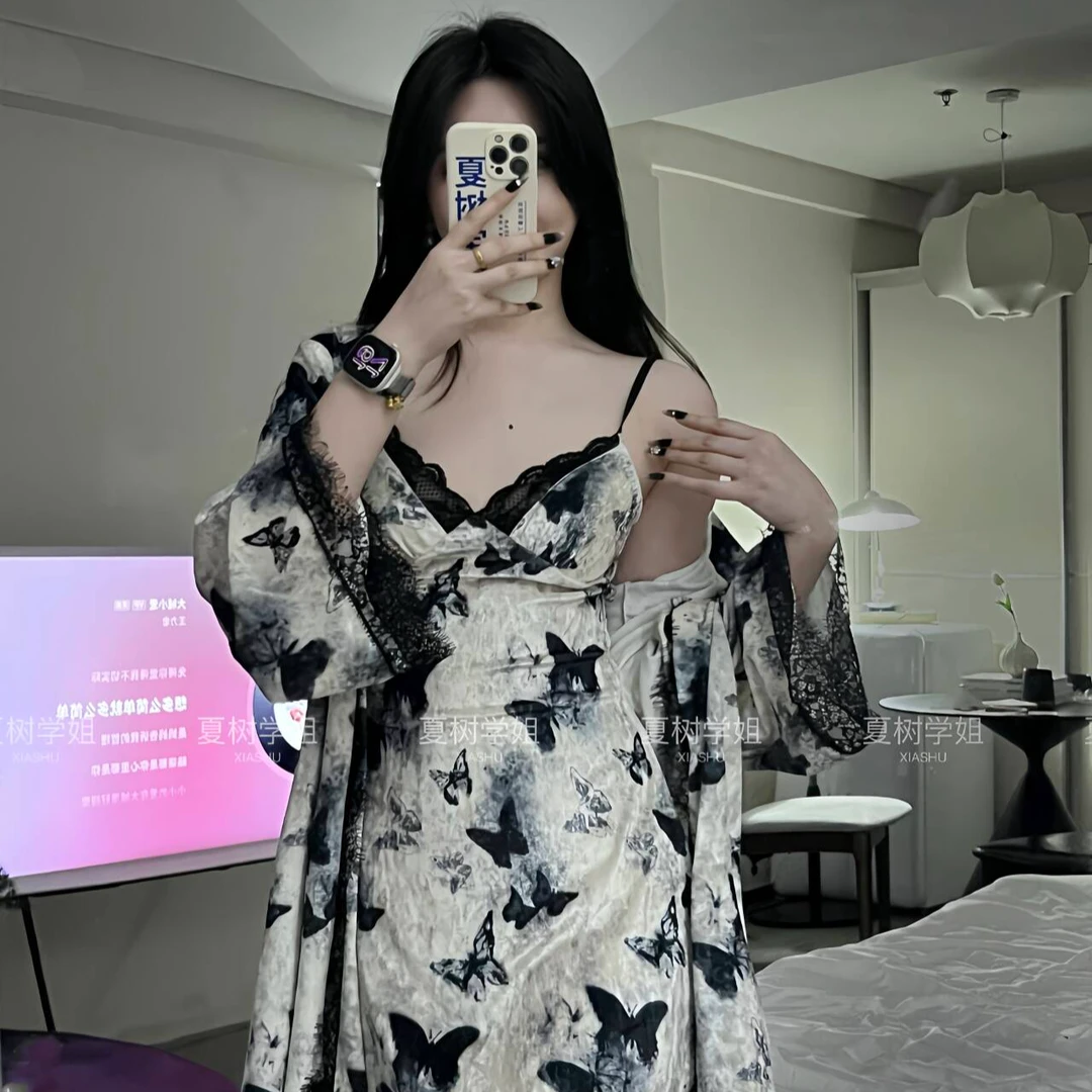 「夏树学姐」水墨蝶网红女士印花慵懒性感可爱老钱女装禅意仙气飘飘