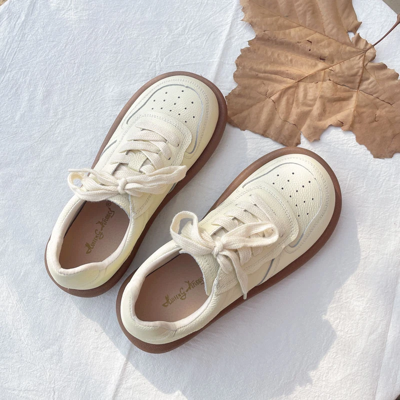 踩屎感真皮小白鞋女圆头系带百搭运动休闲板鞋学院风舒适软底单鞋