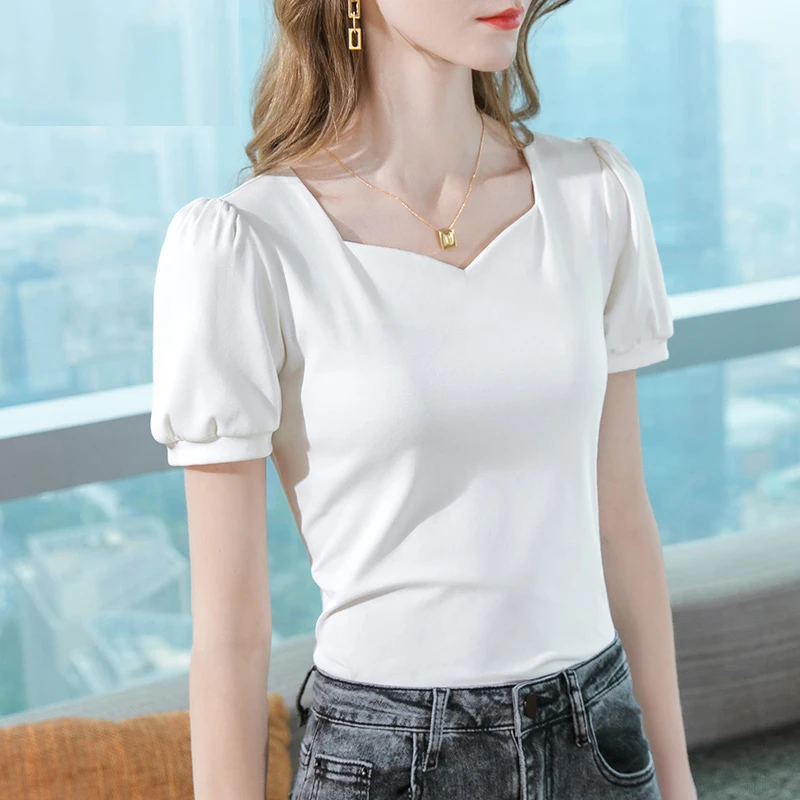 方领短袖白色T恤女2025夏装新款减龄气质女装修身露锁骨上衣显瘦