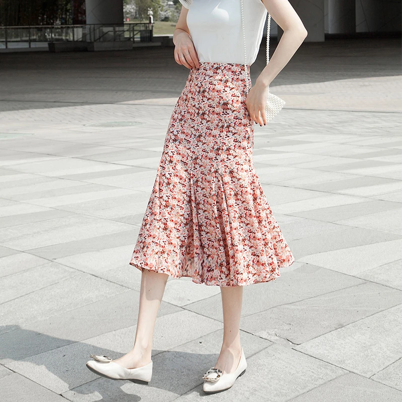 粉色雪纺碎花裙A字半身裙女夏季新款高腰松紧显瘦中长款鱼尾裙子