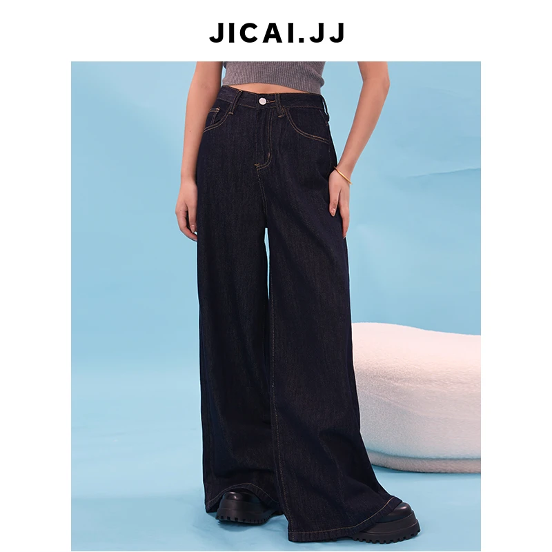 JICAI.JJ秋季牛仔裤女高腰丹宁原色深蓝色直筒阔腿夏薄美式复古