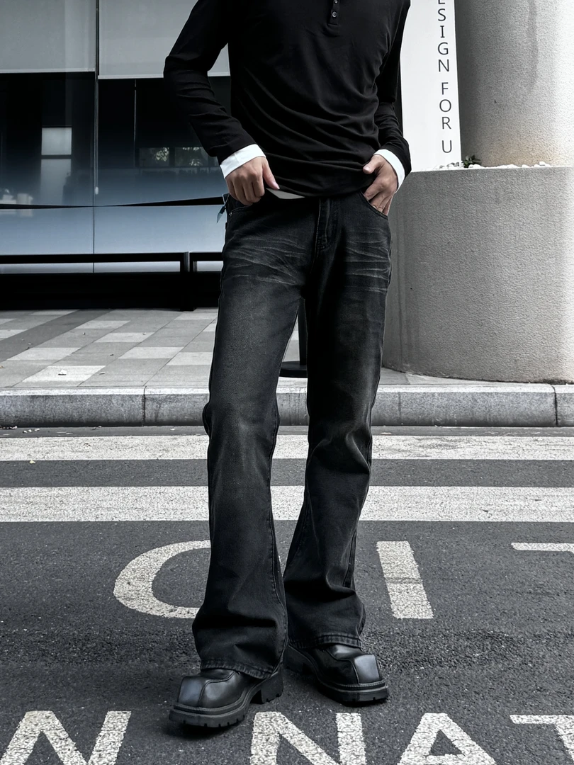 PEONY韩系经典黑牛微喇牛仔裤水洗固色修身型腿长