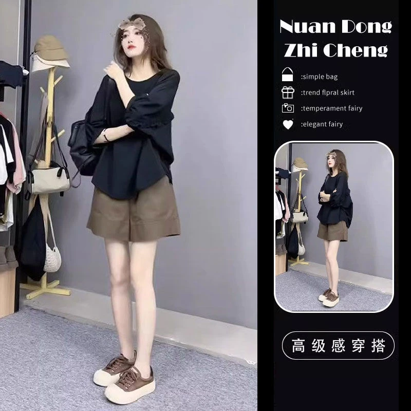 甜美温柔风遮肚藏肉套装女款夏季新款宽松黑色上衣休闲短裤两件套