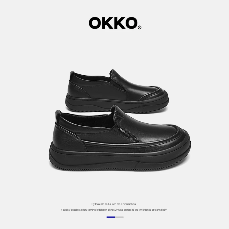 「轻熟商务」OKKO设计舒适商务经典黑色一脚蹬真皮皮鞋8603