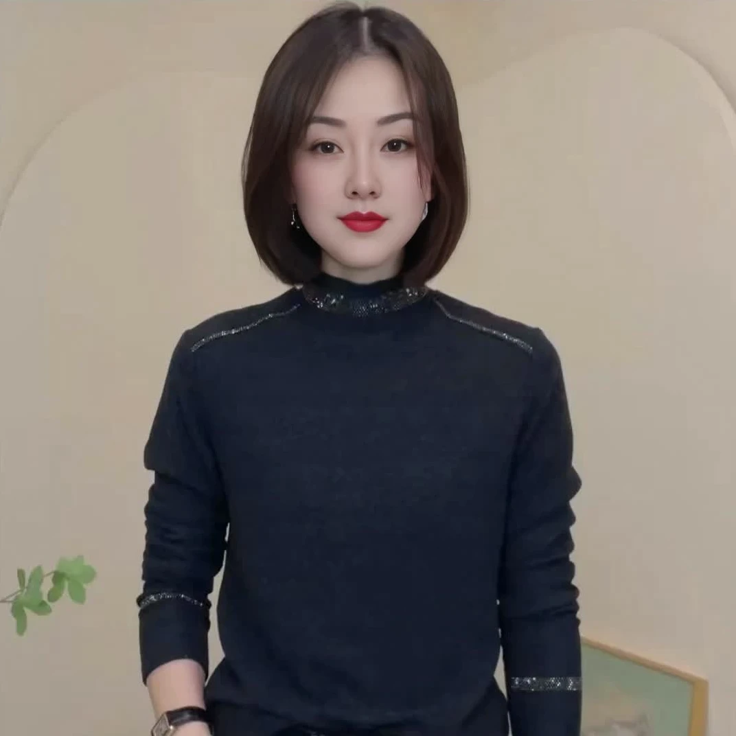 秋冬新款纯色百搭烫钻时尚气质设计感女士长袖T恤显瘦休闲打底衫