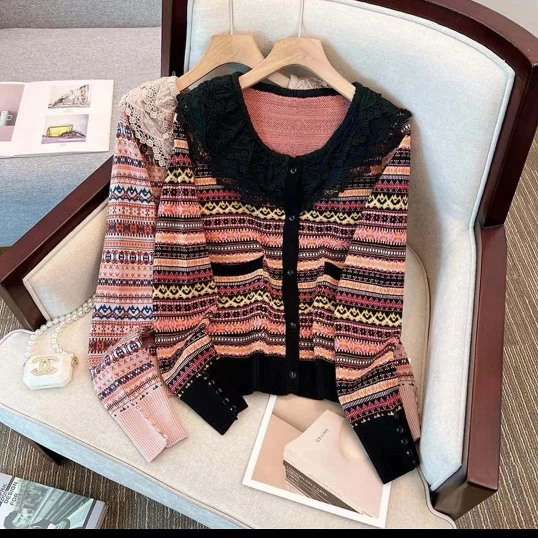 2023新款小香风秋款勾花减龄翻领拼色针织开衫毛衣显瘦双层娃娃领