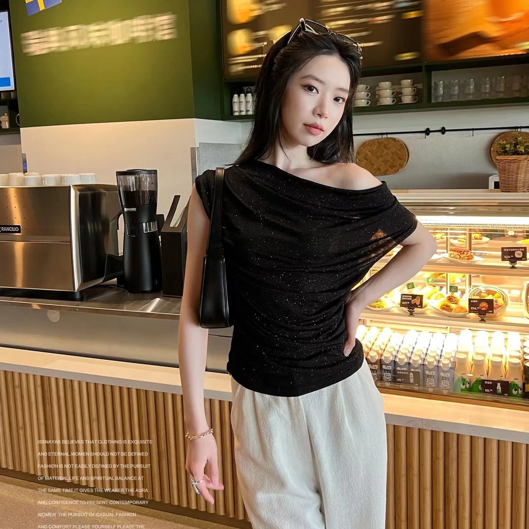 issnayas2024夏季新款清凉气质无袖T恤叠浪领上衣外穿一字肩背心