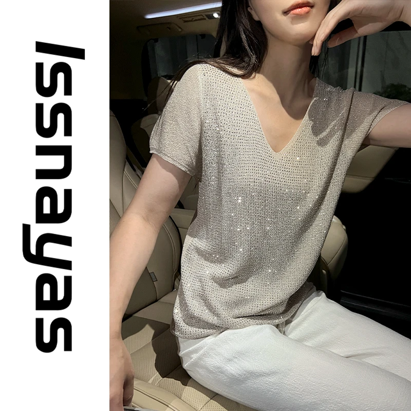 爆款显瘦v领短袖T恤百搭休闲时尚轻奢气质高级亮闪闪上衣女设计感