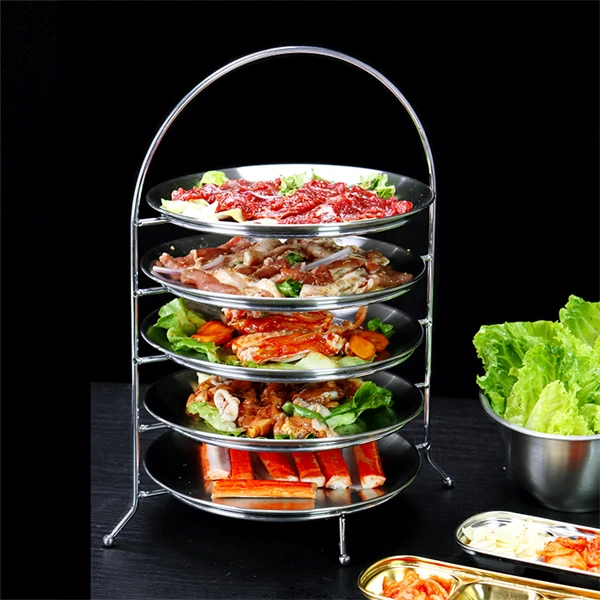 多层不锈钢收纳架火锅店菜架盘托盘手提摆盘架羊肉牛肉烤肉盘涮肉