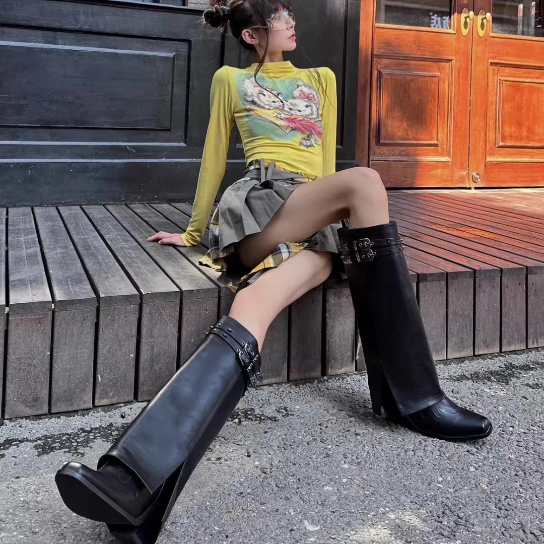 显瘦铆钉裤管靴2024夏季新款尖头刺绣西部牛仔靴暗黑酷辣长筒靴女