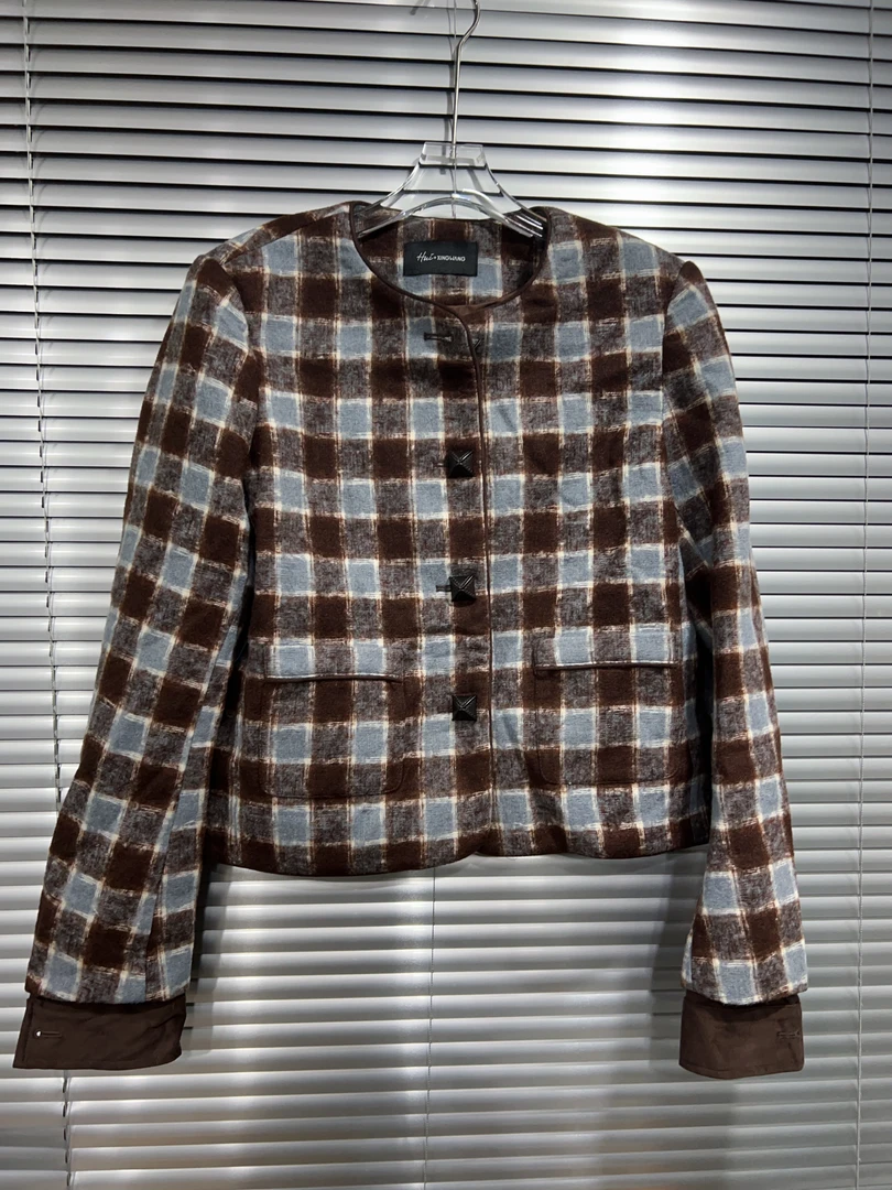 深圳MMOUHUO新款复古单排扣格子拼色小香外套