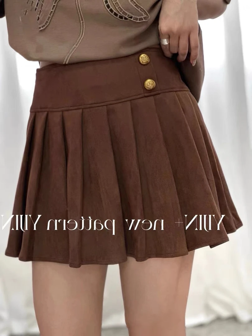 深圳MMOUHUO早秋新款高腰双扣a字百褶短裙