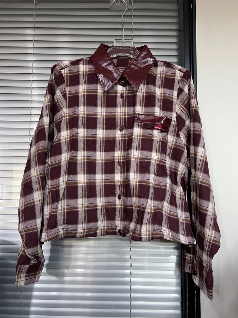 深圳MMOUHUO早秋新款拼皮格子衬衫