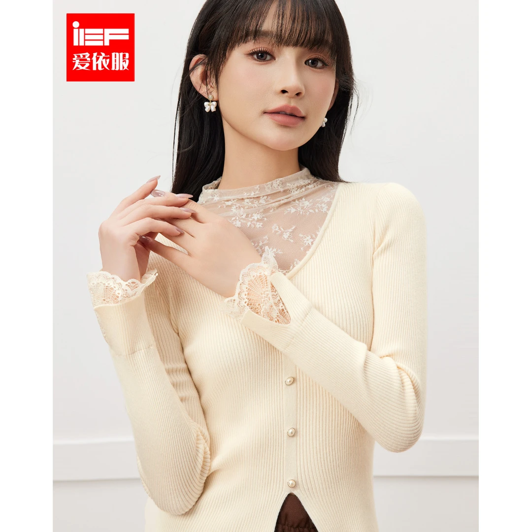 IEF/爱依服2025冬春新款法式纯欲淑女气质蕾丝拼接设计毛织打底衣
