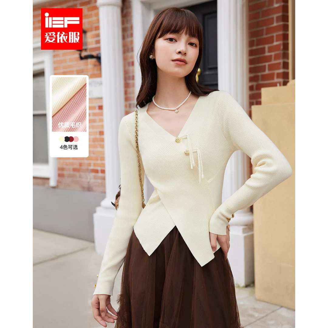 IEF/爱依服2024秋季新款【DNA系列】韩系时尚修身别致V领毛织上衣