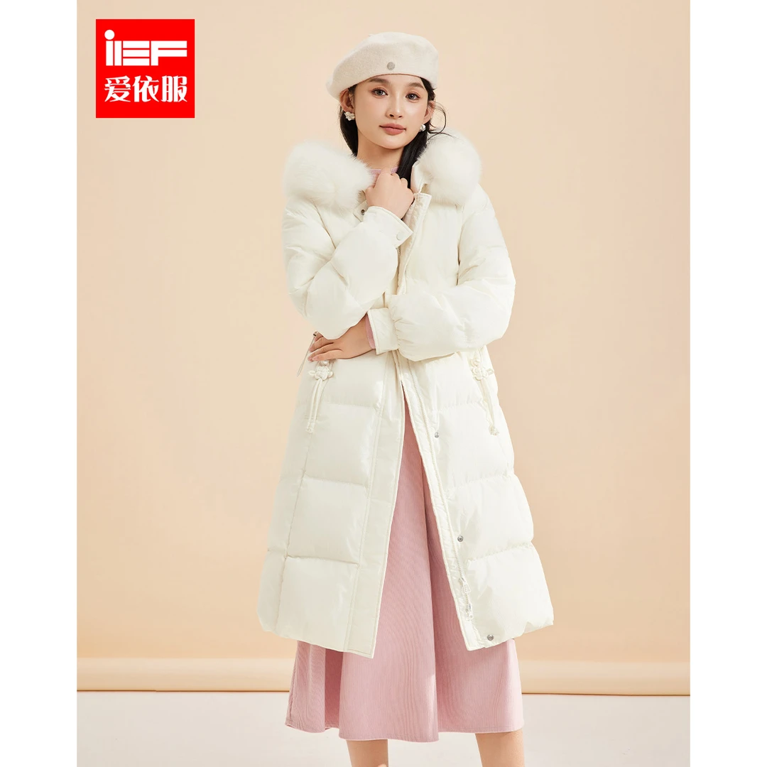 IEF/爱依服2025新款冬季气质收腰中长款设计感毛领连帽羽绒服外套