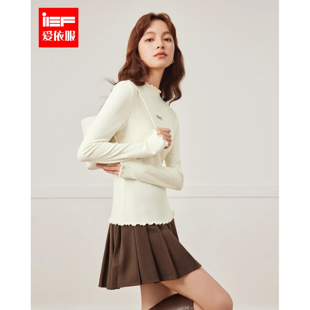 IEF/爱依服上衣2024冬季新款韩版甜美减龄少女风木耳边针织打底衣