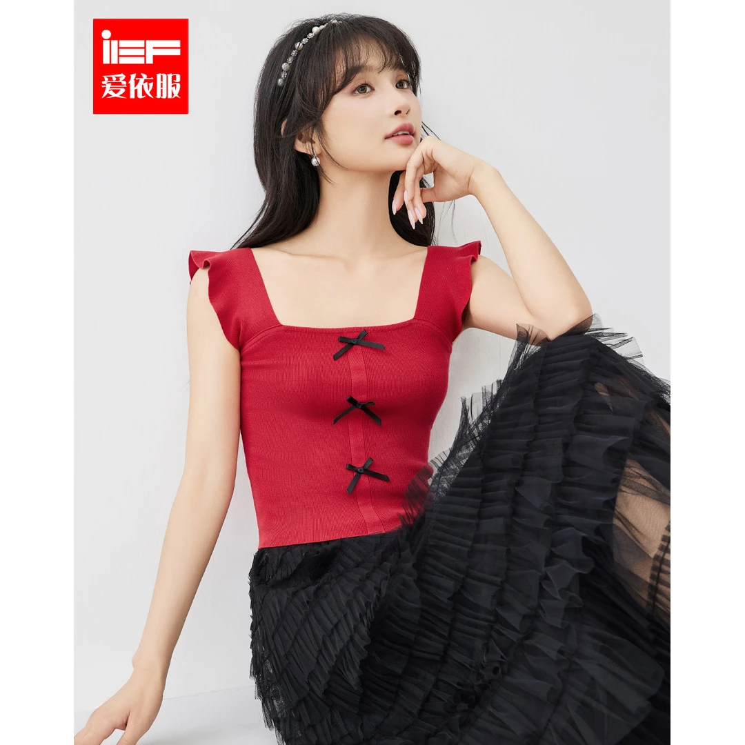 IEF/爱依服上衣2025夏季韩版甜美淑女风飞飞袖薄款针织背心~