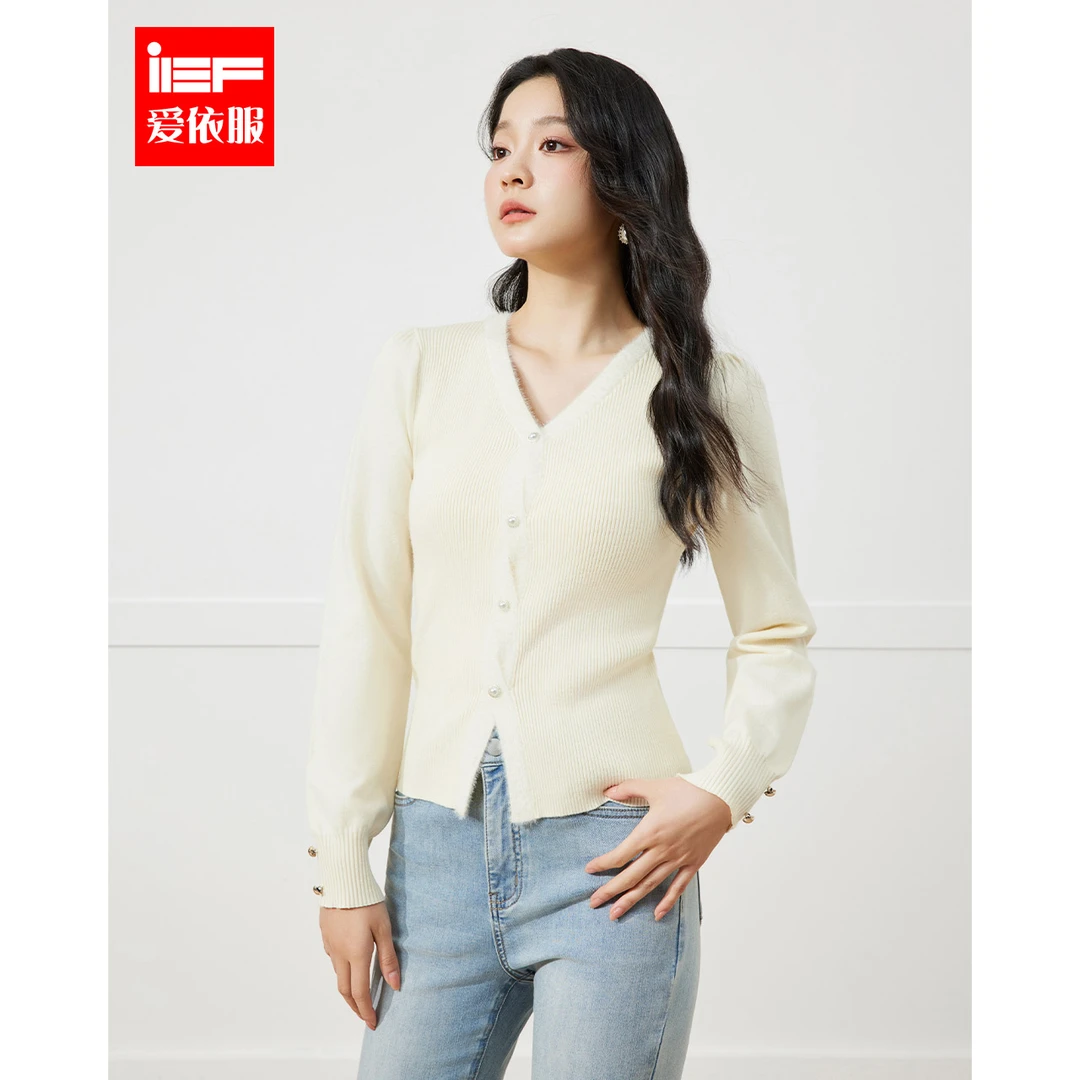 IEF/爱依服2025秋季新款时尚V领设计感洋气修身高级感毛织上衣