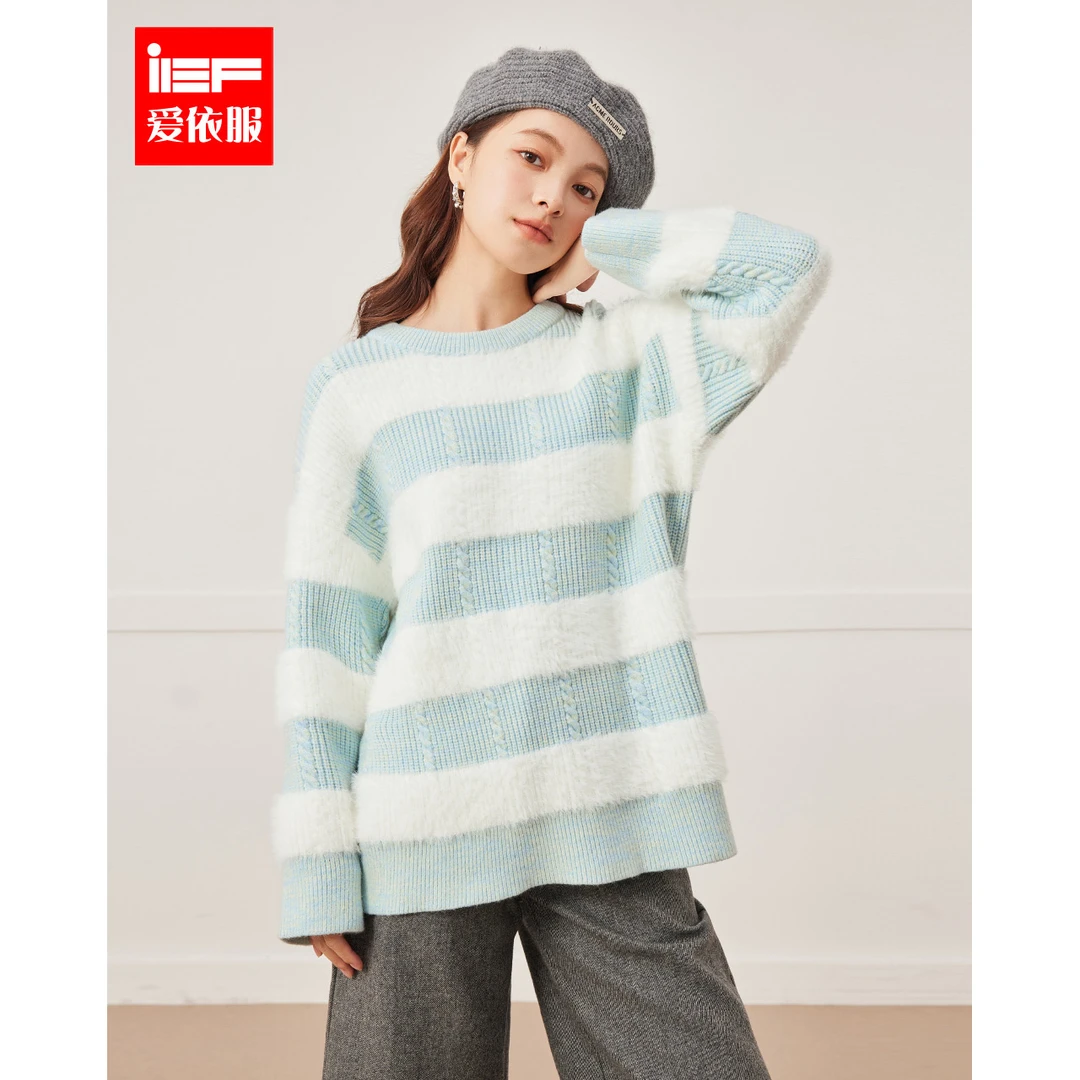 IEF/爱依服毛衣2025秋冬新款韩版撞色条纹设计休闲百搭毛织中上衣