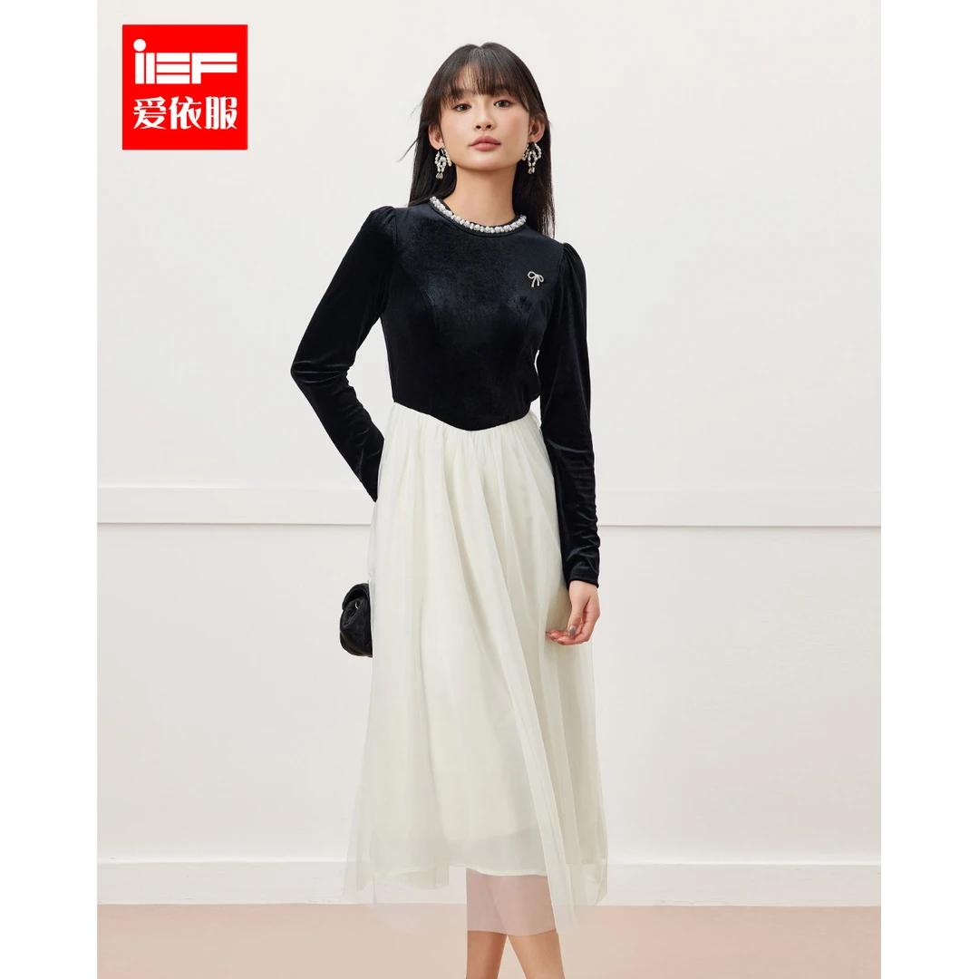 IEF/爱依服2025秋季新款法式时尚赫本风高级感显瘦天鹅绒连衣长裙